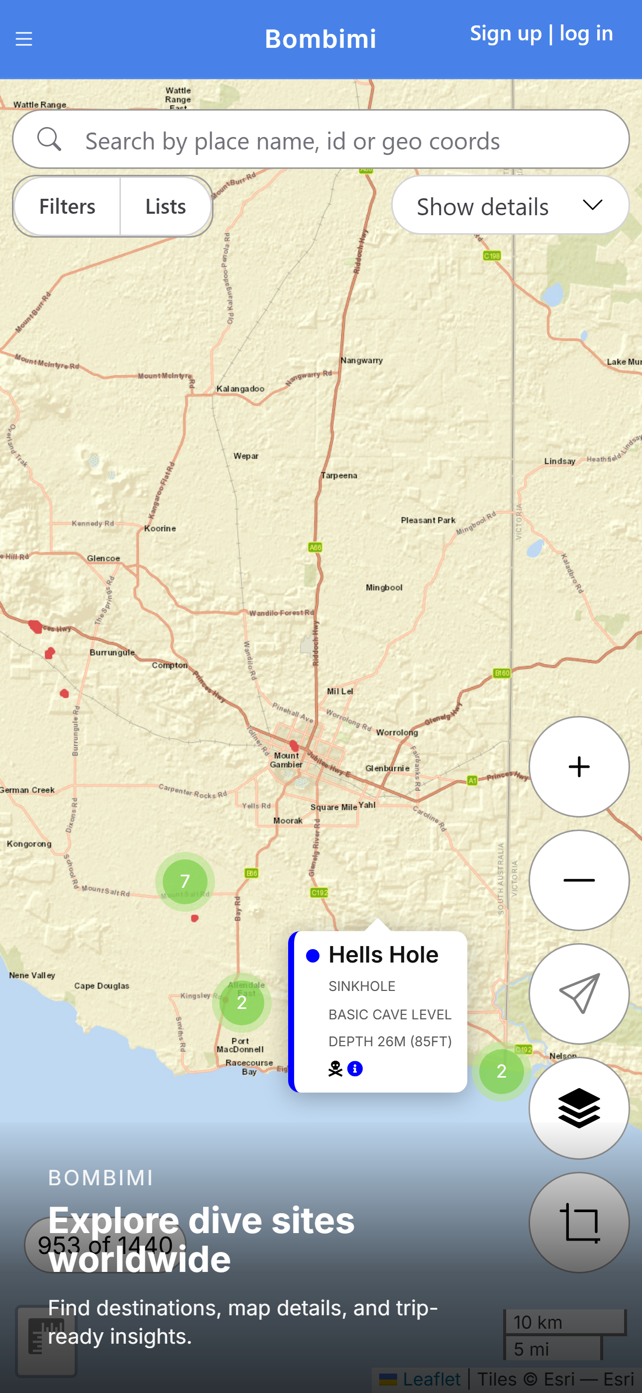 Bombimi home screenshot showing the map and place details
